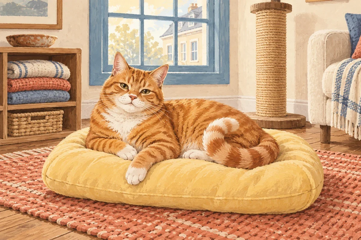 A ginger cat resting on a yellow cushion in a sunlit, neatly arranged room