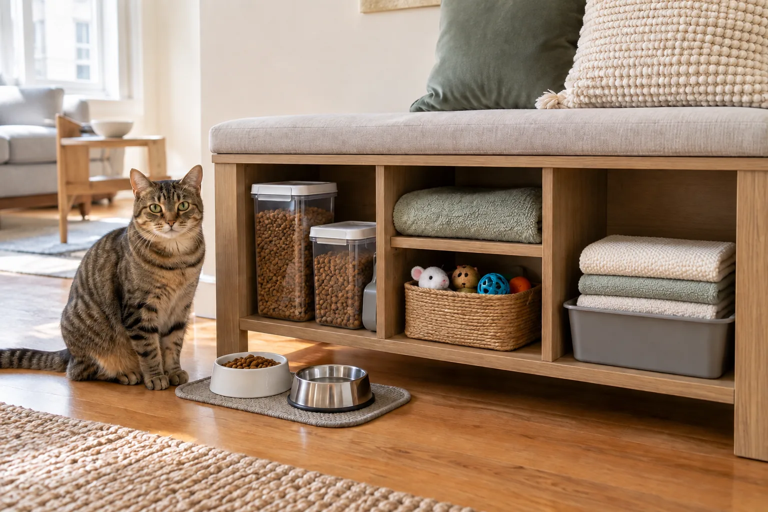 A calm adult tabby cat beside a compact organized storage bench in a small bright apartment, with neatly stored closed cat-food containers, folded towel and a few safe sturdy toys.