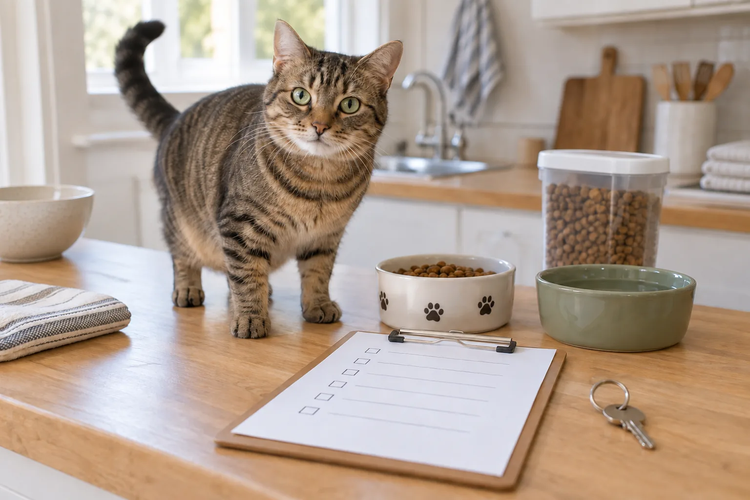 A friendly adult tabby cat near a kitchen counter with a clipboard containing an abstract blank checklist, food bowls and a key on a plain key ring, depicting clear cat-sitter preparation.