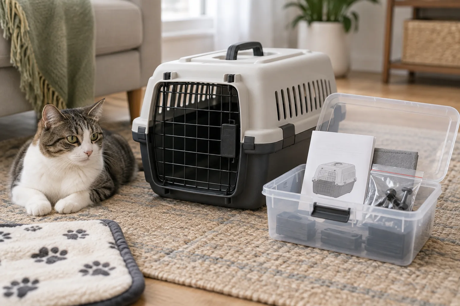 A small cat carrier beside a tidy storage box containing its instruction booklet without readable text and neatly bagged spare fasteners, with a calm cat nearby.