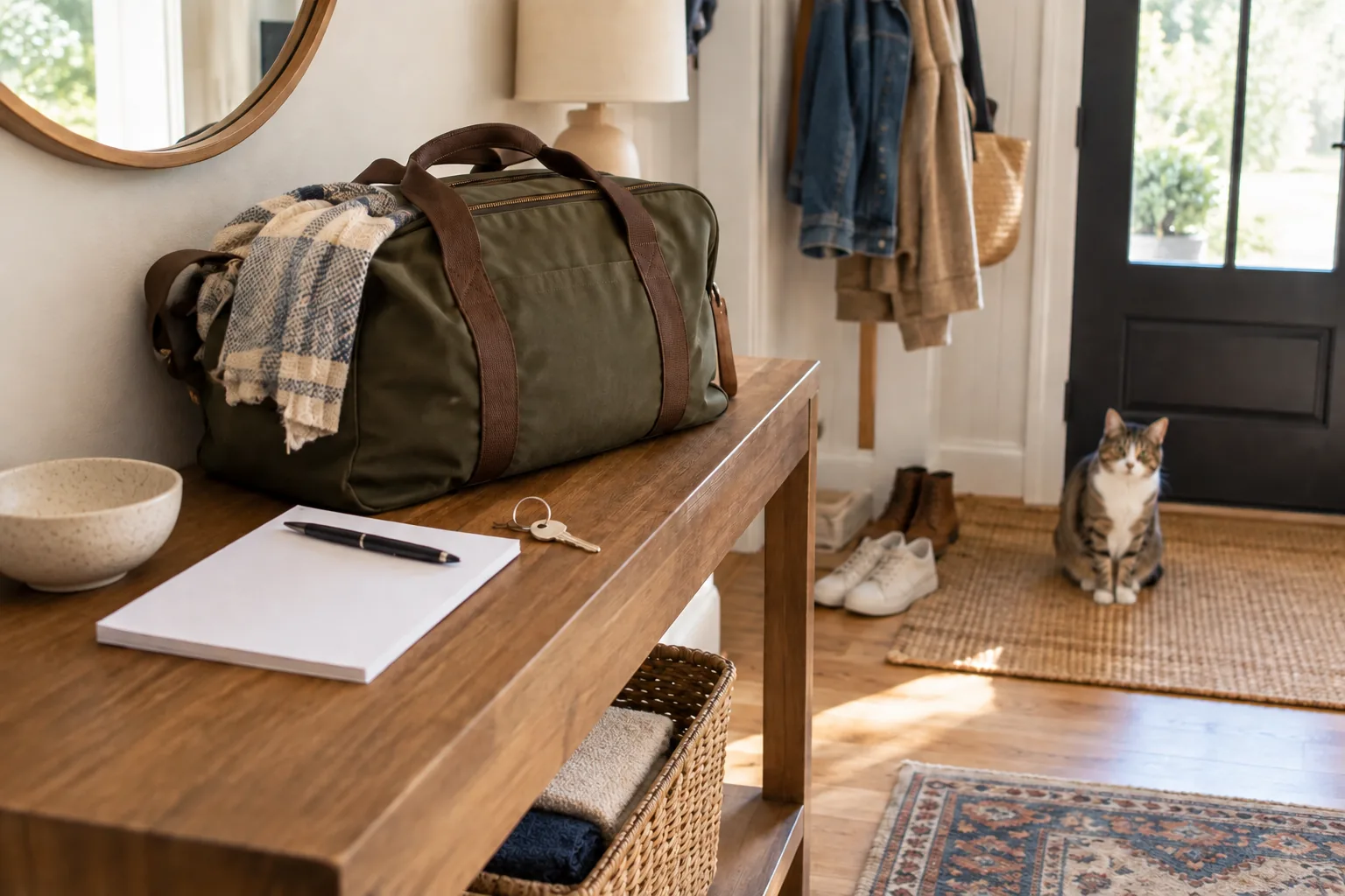 A cozy home entryway with a packed weekend bag, a plain house key, blank paper checklist on a console and an adult cat looking calmly into the room.