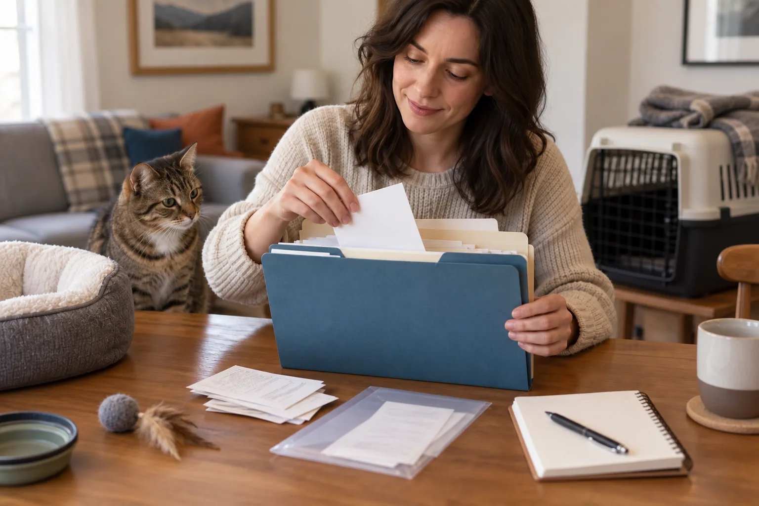 A desktop filing folder with blank purchase receipts, a plain pet carrier in background and a tidy notebook.