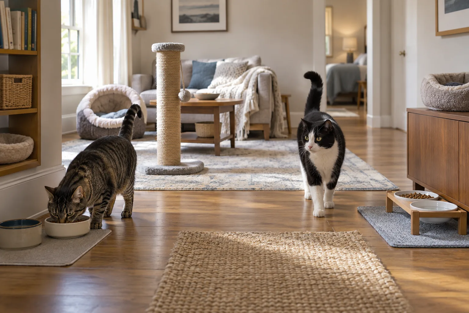 Two distinct healthy adult cats in a roomy calm apartment, each with a separate food station widely spaced, sturdy scratcher and cozy resting places.