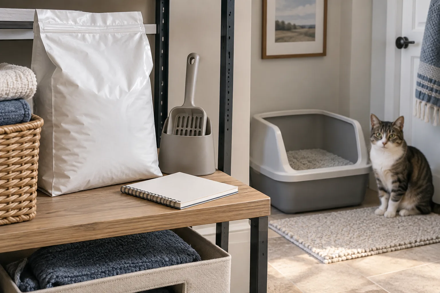 A closed plain litter bag beside a simple scoop in its holder and a blank notebook on a utility shelf; clean litter tray in separate background area, no food bowls.
