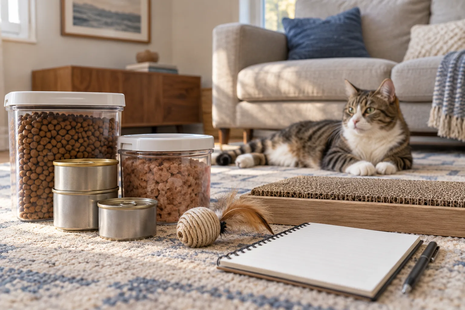 A neatly arranged selection of closed unbranded cat-food containers, a sturdy scratching pad and a cat toy beside a blank household budget notebook, adult cat relaxed in background.