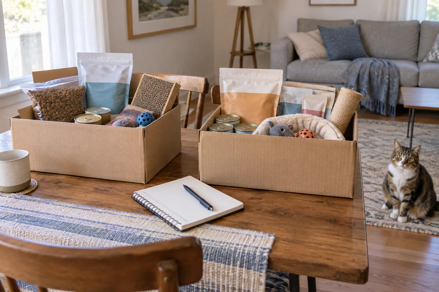 Two modest plain cardboard delivery boxes containing different mixes of closed cat-supply packages on a household table, blank notebook between them, adult cat on floor at safe distance.